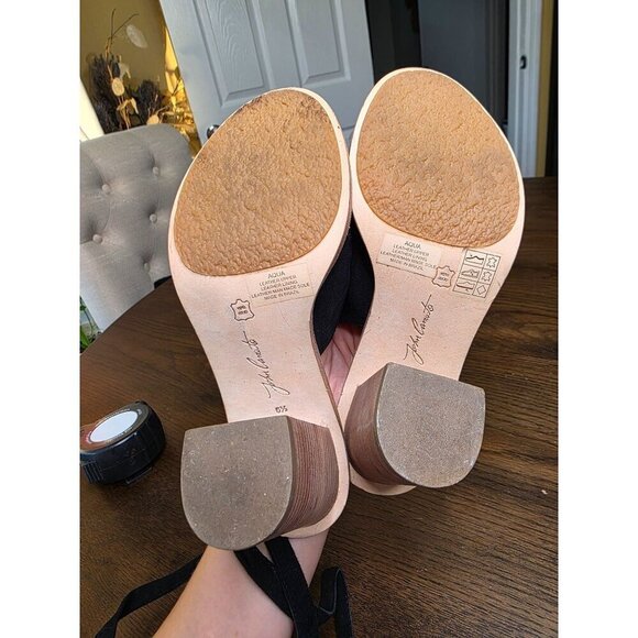 Black Suede Open-Toe Heeled Sandals With Wraparound Straps & Wooden Block Heel B - Picture 9 of 16